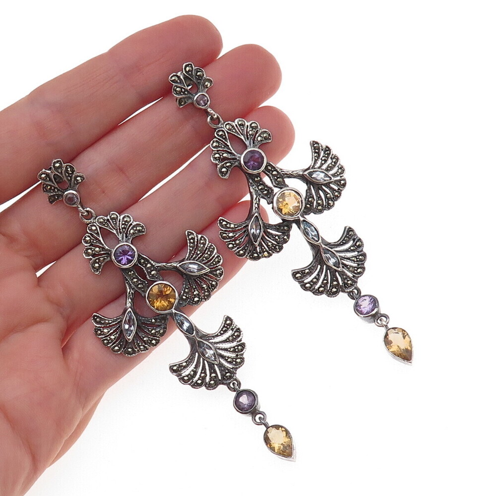 925 Sterling Vintage Real Amethyst Iolite Citrine & Marcasite Floral Earrings